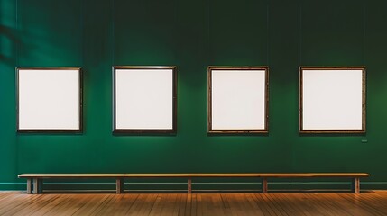 Antique art fair gallery frame on royal green wall at auction house or museum exhibition blank template with empty white copyspace for mockup design artwork concept : Generative AI