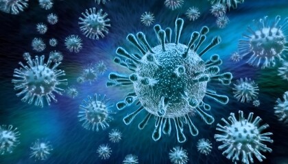 Microscopic enlargement of blue virus - respitory virus outbreak - floating cells in body - virus shaped as covid, influenza, sars, corona, hiv, mers, cholera, variola, measles - disease organisms