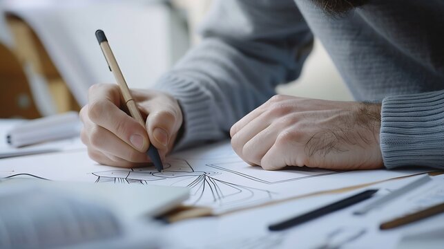 Graphic designer drawing sketches logo design The concept of a new brand Professional creative occupation with idea : Generative AI