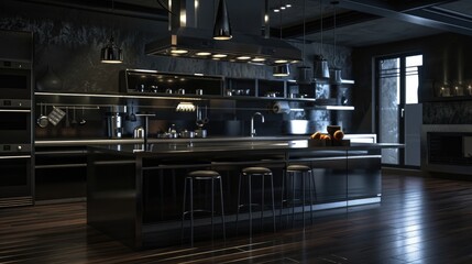 A kitchen arranged ultra modern in the dark tone on ebony wood , photorealistic, ultra detailed