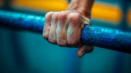 Hand of a Gymnast with Determined Grip on Uneven Bars. Gymnastic Power, Olympic Athlete, Sports Competition.