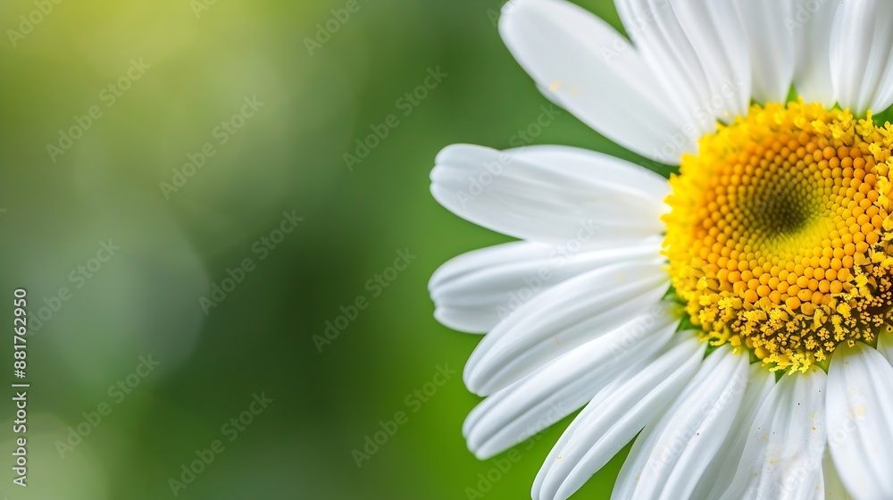 Poster Macro shot of a white and yellow daisy showcasing intricate detail against a soft green backdrop : Generative AI