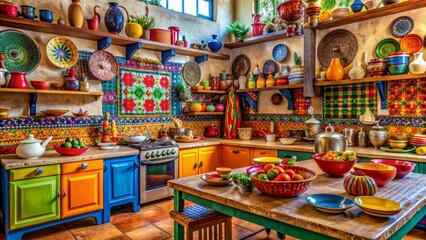 Vibrant kitchen in a Mexican home filled with traditional cookware, colorful textiles, and lively decorations, capturing the essence of Hispanic family bonding and cultural heritage.