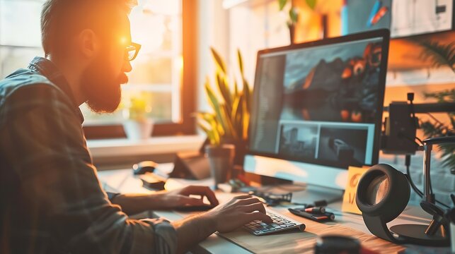 Freelance graphic designer working in bright room : Generative AI