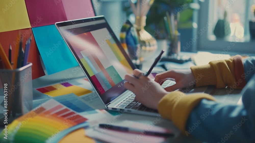 Poster cropped image of interior designer chooses color from color swatches while laptop displayed website 