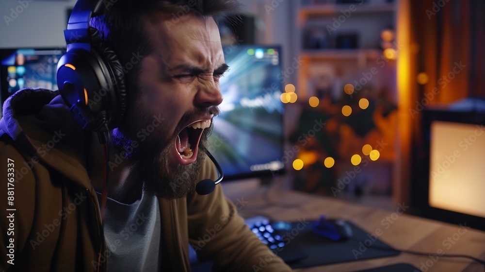 Poster man cursing opponents during online matchup while doing livestream for his internet channel watched 