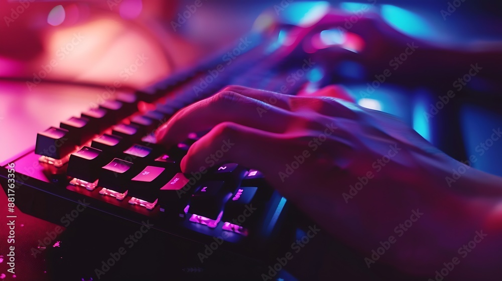 Leinwandbilder Working on a neon computer keyboard with colored backlighting Selected focus Computer video games hacking technology internet concept Selected focus : Generative AI