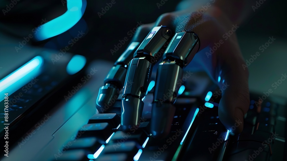 Aufkleber Man touch bar Chat bot Chat with AI Artificial IntelligenceSystem Artificial intelligence an artificial intelligence chatbot Digital chatbot Robot application conversation command : Generative AI