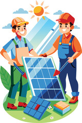  Engineers installing solar panel, flat illustration, vector illustration.