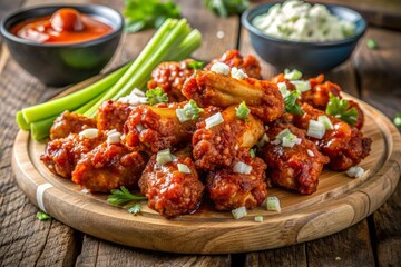 Fototapeta premium Crispy boneless chicken wings smothered in spicy buffalo and sweet BBQ sauce, served on a rustic wooden platter with celery sticks and blue cheese crumbles.