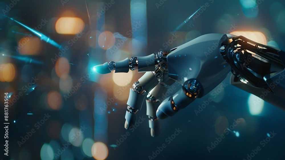 Poster Chat with AI or Artificial Intelligence technology Man touching chatting virtual with an intelligent artificial intelligence asks for answers he wants Smart assistant futuristic Chatbo : Generative AI