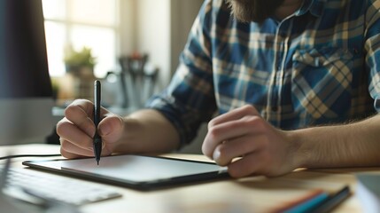 Fototapeta premium Young graphic designer using graphics tablet to do his work at desk : Generative AI