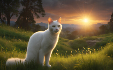 Obraz premium white cat resting on green pasture grass on summer Pet, White cat standing on green grass.