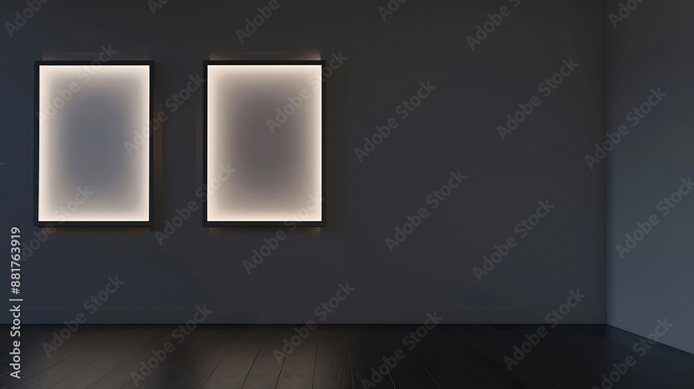 Aufkleber Wall art template   Illuminated empty wall with two blank picture frames with copy space for your artwork visualisation : Generative AI