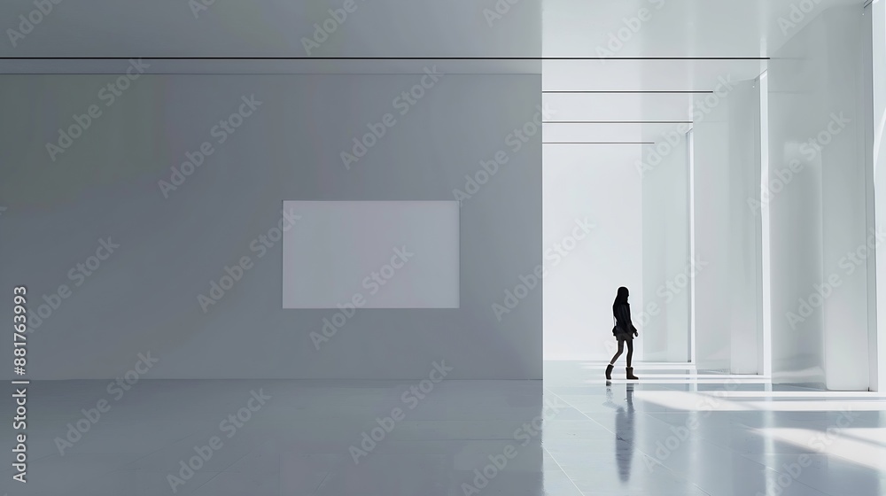 Poster empty big hall wall mockup woman walk in museum gallery with blank wall white clear stand mock up lo