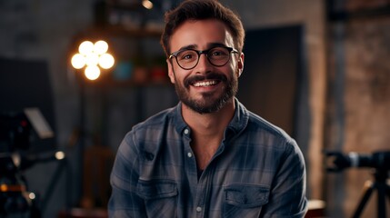 Male photographer smiling in casual shirt at professional photo studio with lights and cameras, creatively showcasing passion for photography