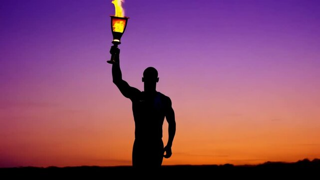 Athlete running with burning Olympic torch Olympics golden torch with fire flame moving. Athlete holding Olympic fire. Sport 4k video silhouette