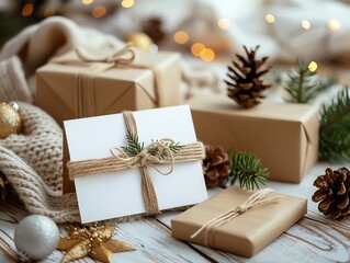 Cozy Christmas gifts wrapped in brown paper with twine and pine cones.