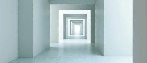 Fototapeta premium Perspective of a White Hallway With Receding Doors Leading to Light
