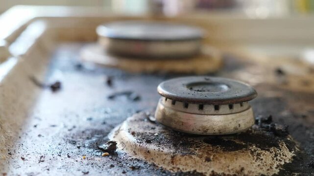 A panoramic shot of a stovetop that is very dirty and awaiting a deep clean. The scene highlights the mess and the need for thorough cleaning.