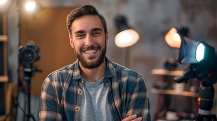 Professional photo studio background with creative male photographer in casual shirt smiling and showing passion for photography