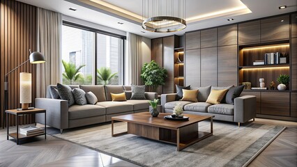 Fototapeta premium Modern living room with sleek furniture and neutral color scheme, contemporary, interior design, home decor, minimalistic