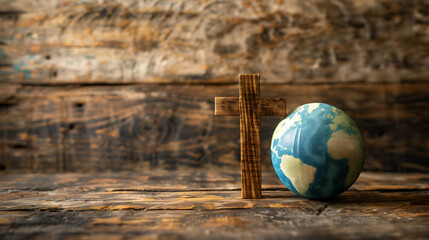 Christian cross and earth globe on wooden floor conceptual image of world religion and faith. Generative AI illustration 