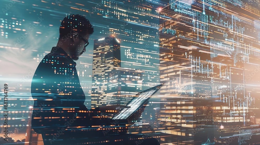 Poster Business and technology software development IoT concept Double exposure man programmer software developer working on digital tablet and smart city with binary html computer code on sc : Generative AI