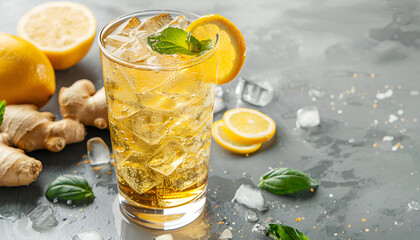 Glass of tasty ginger ale with ice cubes and ingredients on grey table