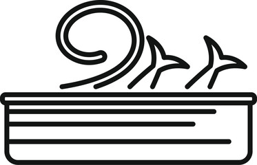 Line drawing of an open tin can of sardines with oil flowing over the edge