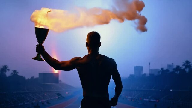 Athlete running with burning Olympic torch Olympics golden torch with fire flame moving. Athlete holding Olympic fire. Sport 4k video silhouette