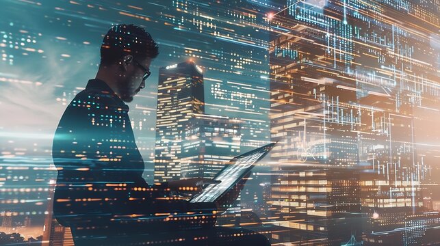 Business and technology software development IoT concept Double exposure man programmer software developer working on digital tablet and smart city with binary html computer code on sc : Generative AI