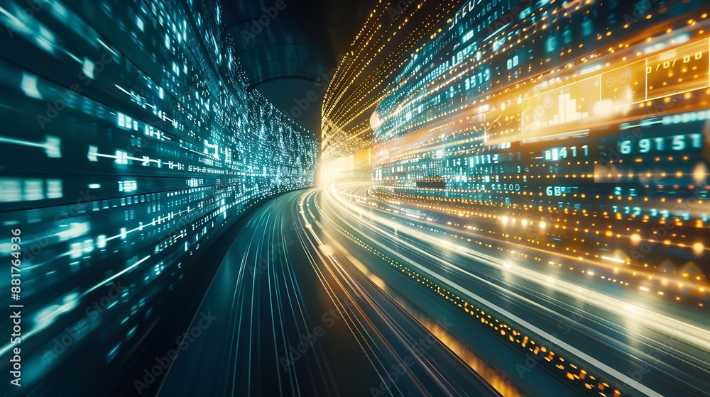 Fototapete Digital data flow on road with motion blur to create vision of fast speed transfer  Concept of future digital transformation  disruptive innovation and agile business methodology : Generative AI