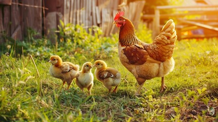 Fototapeta premium Mother hen with chickens in a rural yard Chickens in a grass in the village against sun photos Gallus gallus domesticus Poultry organic farmSustainable economyNatural farmingFree range : Generative AI