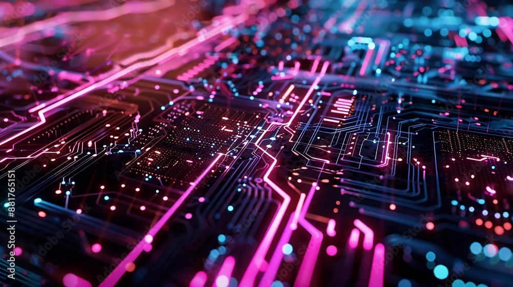 Aufkleber The symbolic movement of electrons on the pallet roads of the microchip against the background of the binary system Visualization of information transfer Cg Ai : Generative AI