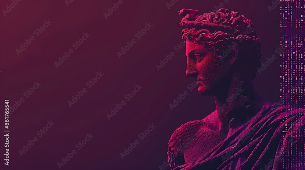 Aufkleber Coding computational process Image of red ancient greek statue with binary code on dark purple background Concept of IT technologies programming transmission of information : Generative AI