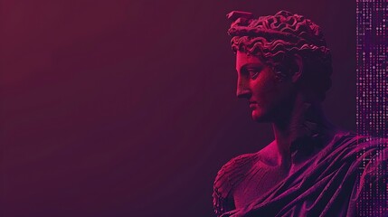Coding computational process Image of red ancient greek statue with binary code on dark purple background Concept of IT technologies programming transmission of information : Generative AI
