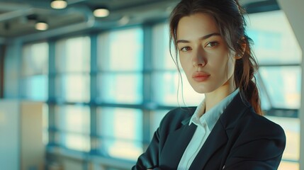 Naklejka premium Young and beautiful businesswoman looking at the camera in a suit and crossed arms inside the office