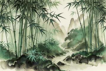 A lush bamboo forest with layers of mountain peaks in the style of ink painting