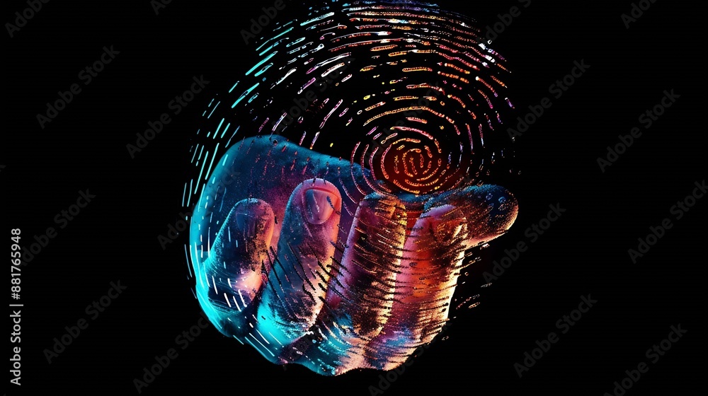 Poster Double exposure of abstract creative fingerprint hologram and hand with cell phone on background research and development concept : Generative AI