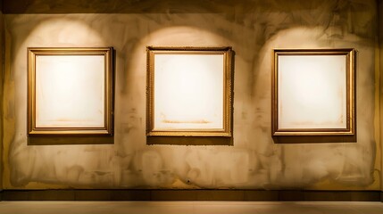 Antique art fair gallery frame on beige wall at auction house or museum exhibition blank template with empty white copyspace for mockup design artwork concept : Generative AI