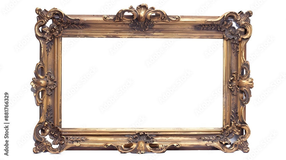 Poster antique gold brown classic old vintage wooden rectangle mockup canvas frame isolated on white backgr