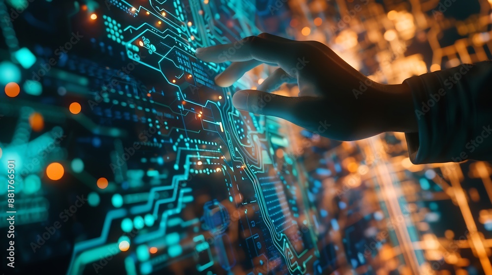 Poster Hand Business people touching artificial intelligence AI circuit board to analyze data automated chart graph Innovative technology Machine learning on virtual screen for futuristic : Generative AI