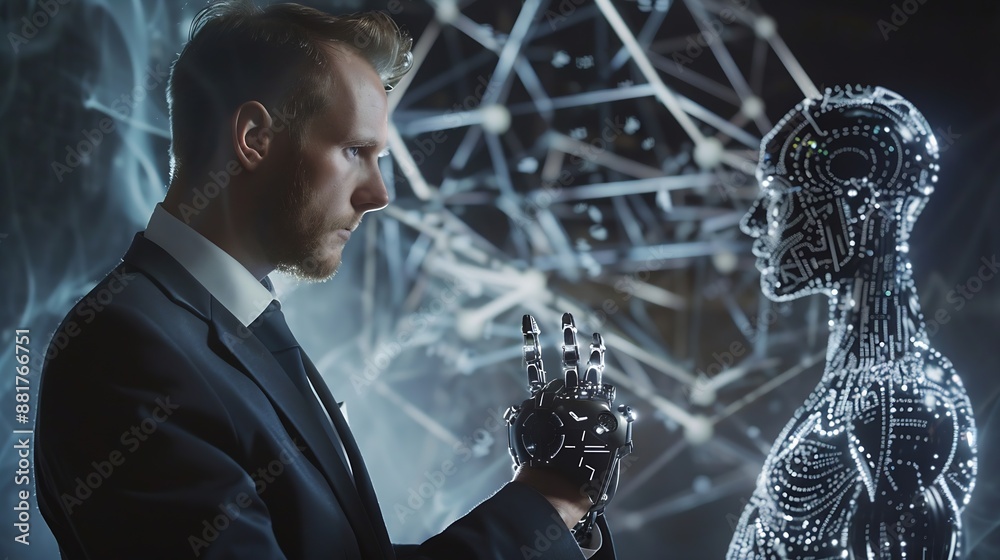 Fototapete Businessman showing technology smart robot AI technology Ai tech Artificial Intelligence artificial intelligence by enter command prompt for generates Futuristic technology transformat : Generative AI