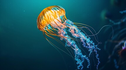 Obraz premium Chrysaora pacifica is a common freefloating sea nettle that lives in the southwest Pacific Ocean around Japan and is commonly known as the Japanese Sea Nettle : Generative AI