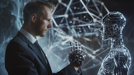 Businessman showing technology smart robot AI technology Ai tech Artificial Intelligence artificial intelligence by enter command prompt for generates Futuristic technology transformat : Generative AI