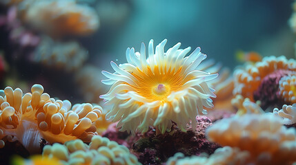 Obraz premium Beautiful and colorful tropical fish with coral reef in the deep sea underwater background