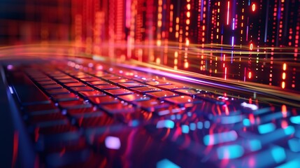 Digital security concept binary code and neon keyboard moving and blurred by motion : Generative AI