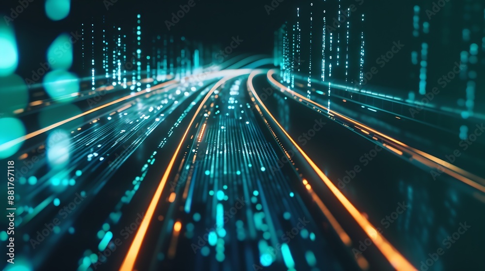 Fototapete Digital data flow on road in concept of cyber global communication and coding with graphic creating vision of fast speed transfer to show agile digital transformation  disruptive innov : Generative AI