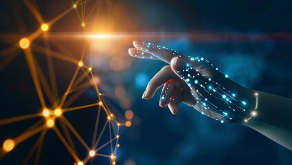 A human hand is reaching or pointing towards an AI robot's finger, symbolizing the connection between humans and artificial intelligence in technology.